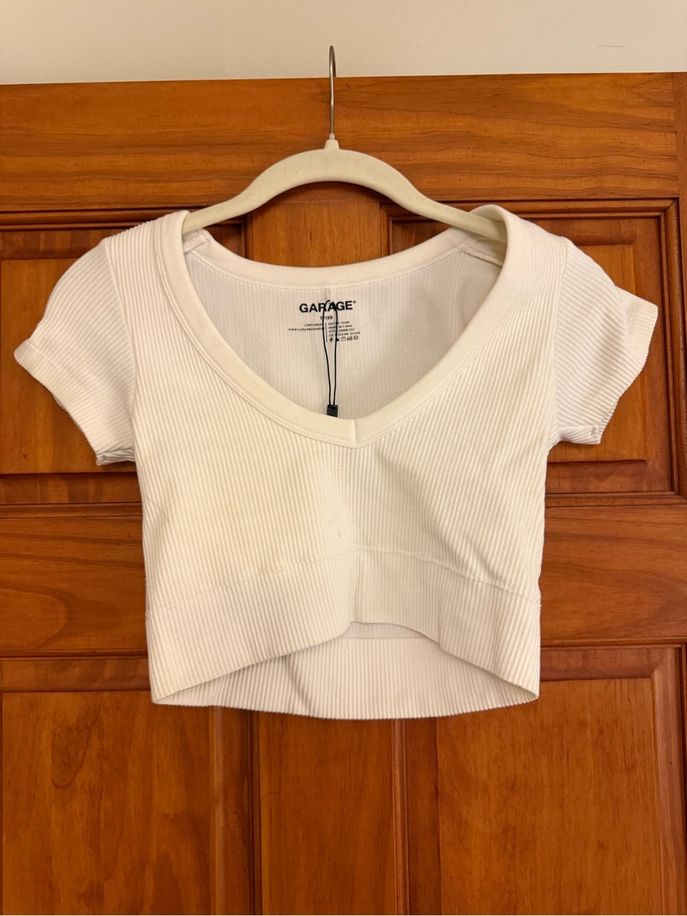 Garage Cream Ribbed V-Neck Cropped Tee